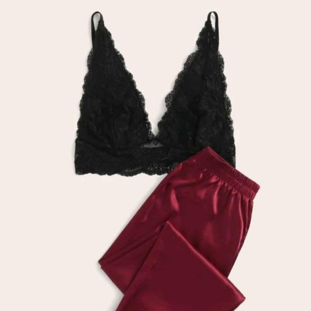 Lace bralette with satin pants